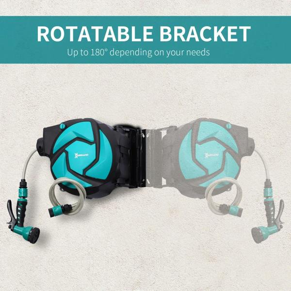 Rotatable wall mount hose reel with coiled hoses and blue spray nozzle