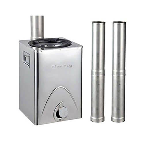 Stainless steel wood stove with two cylindrical flue pipes 