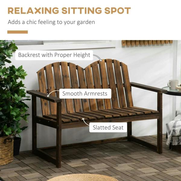 Wooden outdoor bench with slatted seat, tall backrest and smooth armrests, carbonised finish