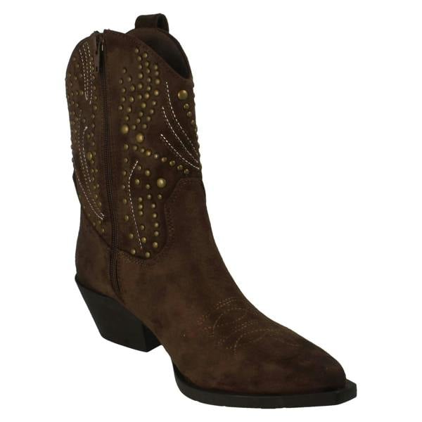 Spot On Ladies Spot On Stud Detailed Small Heel Zip Ankle Cowboy Boots F51257