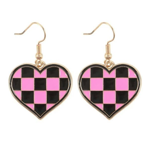 Gold-tone drop heart earrings with black and pink checkerboard enamel and hooks
