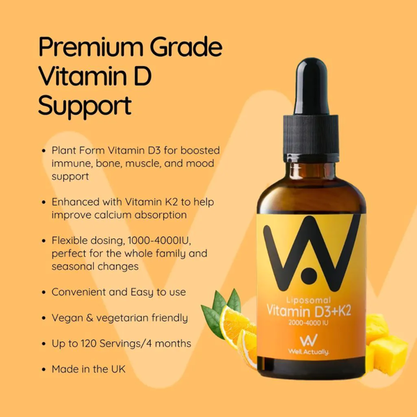 Well Actually Liposomal Vitamin D3 + K2 - Dropper 2000- 4000IU - Orange & Mango