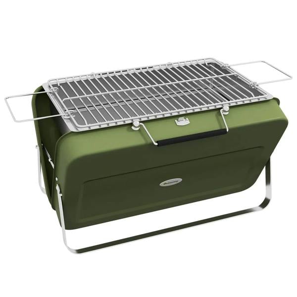 Portable green metal BBQ grill with hinged lid, wire cooking grate and side handles