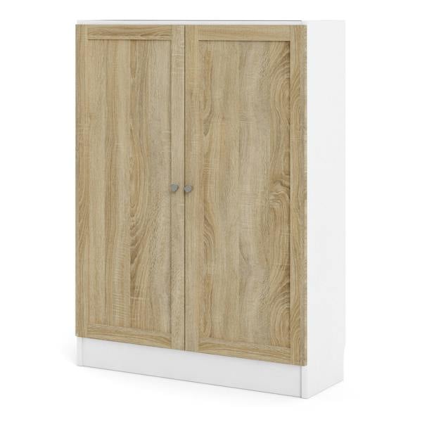 Furniture To Go Basic Low Wide Storage Cabinet in White (2 Shelves) with 2 Oak Doors