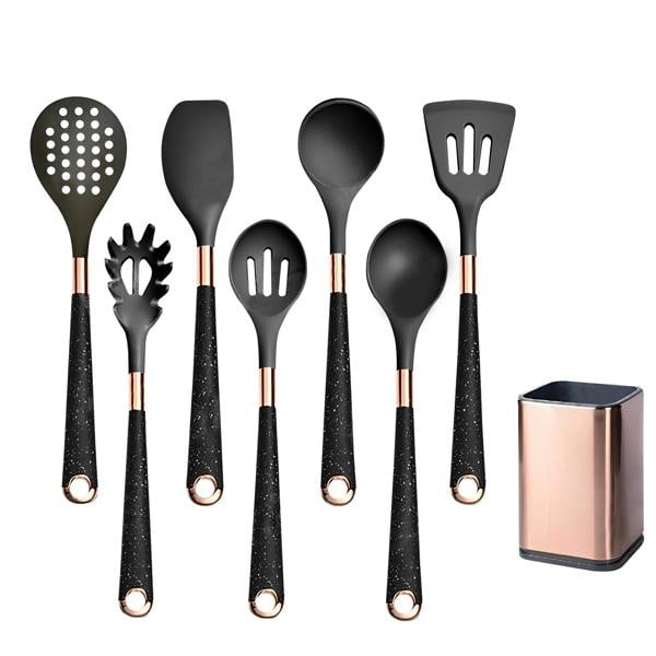 Anygleam Kitchen Utensils Non-stick Black 7 Set Gold Plated Handle Support Point Storage Box Cooking Tools Accessories Heat Resistant Kitchenware