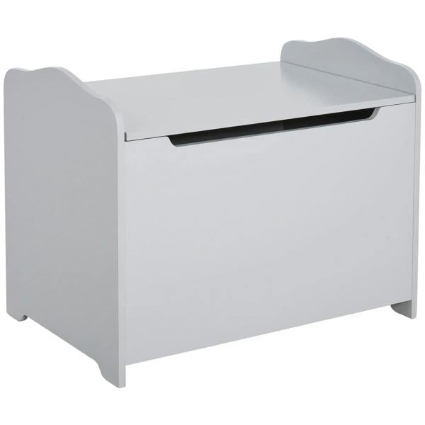 Grey wooden kids toy box with hinged lid and front opening handle cut-out.