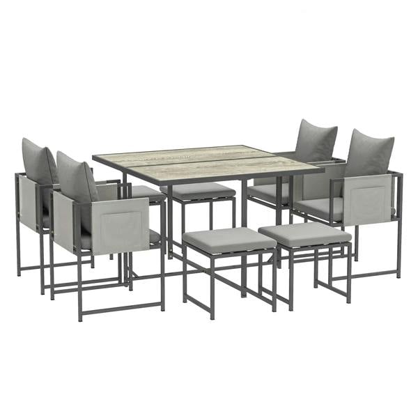 Grey steel frame outdoor dining set with rectangular glass-top table and eight padded chairs