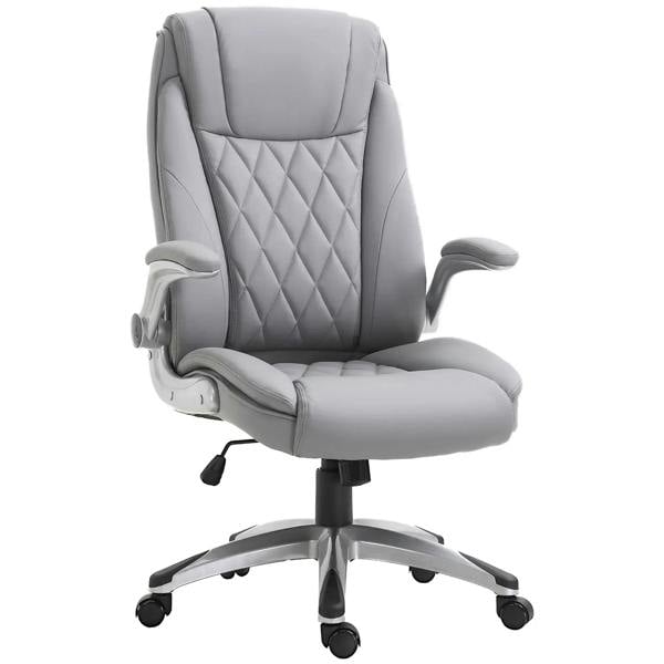 Grey faux leather executive swivel office chair with quilted back and padded arms