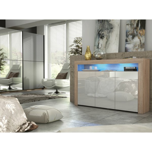 Mex Furniture 155cm Sideboard TV Stand Cupboard Cabinet - White High Gloss Doors & Free LED