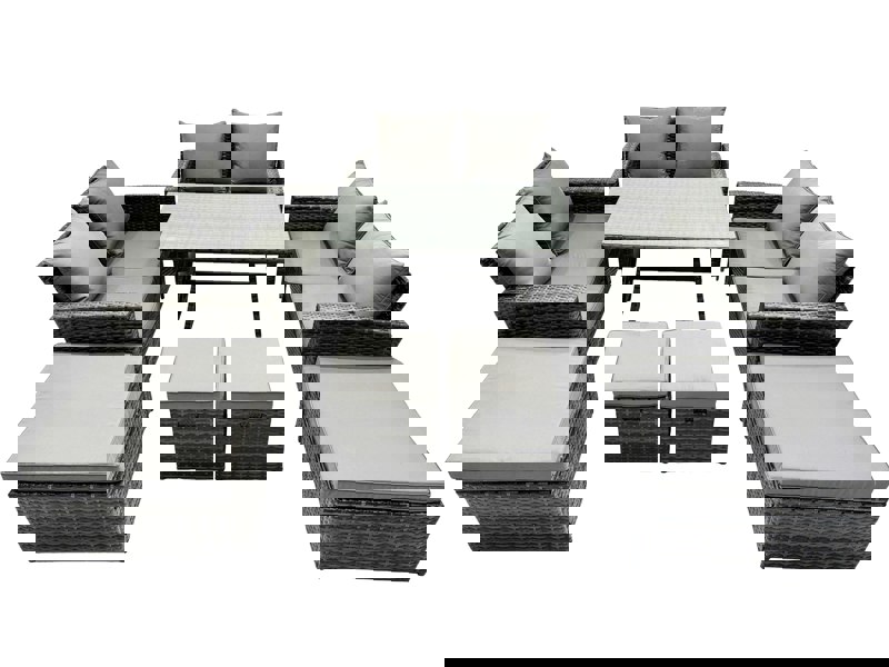 Fimous 10 Seater Wicker PE Rattan Furniture Outdoor Dining Table Double Seat Sofa 4 Stools Sets Dark Grey Mixed