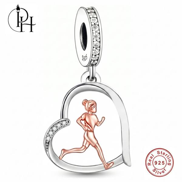 Parus Home Runner Charm Pandora Compatible 925 Sterling Silver Heart Dangle, Marathon Sport Jewellery For Snake Bracelet