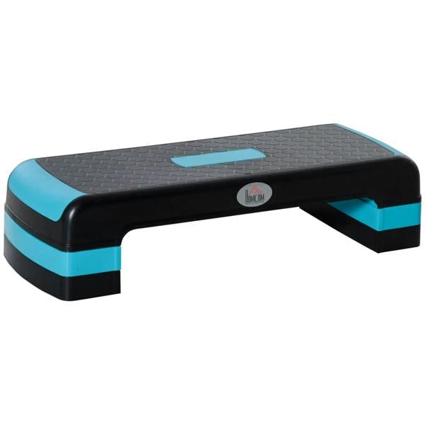 Aerobic step platform with textured dark top and blue side rails, black base