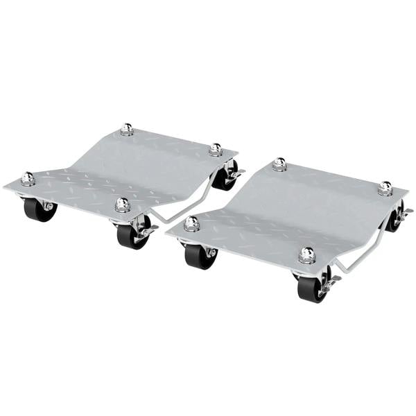 Two-piece grey metal car wheel dolly with swivel casters and non-slip plates.