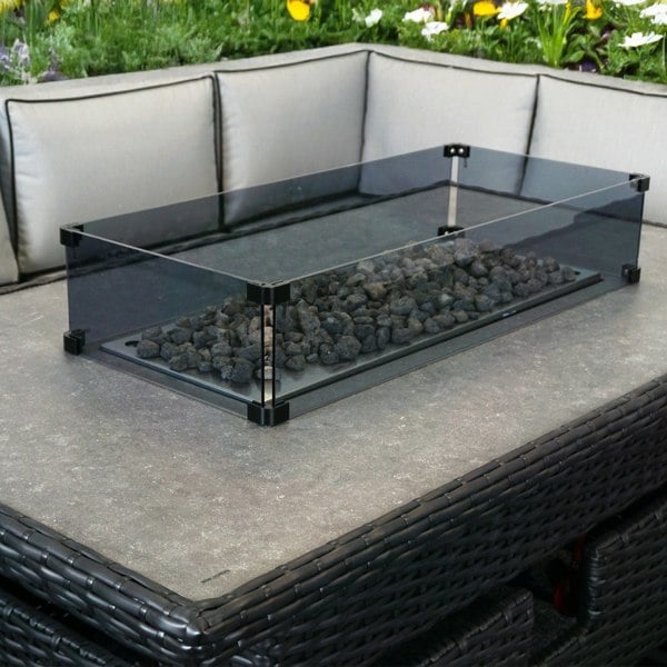 Furnishings For Less L Shaped 9 Seater Black Rattan Patio Set With Fire Pit Table