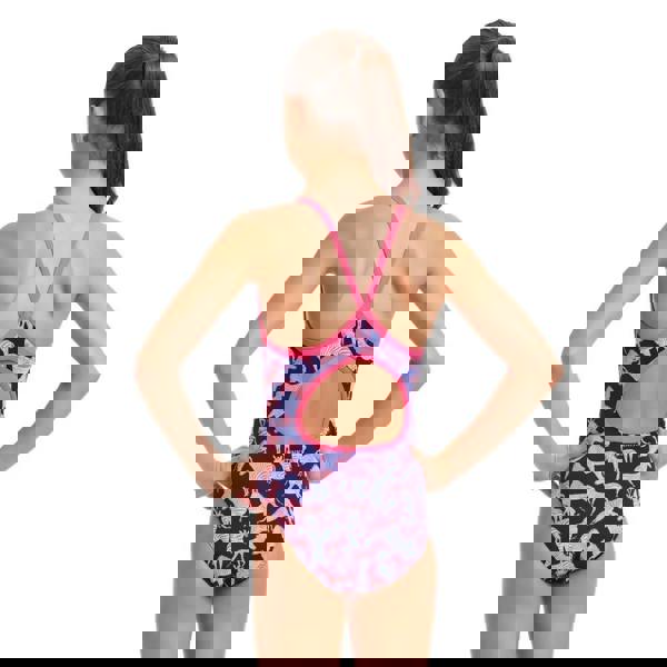 Funkita girls sweet stripes diamond back swimsuit in navy with pink trim and dog print