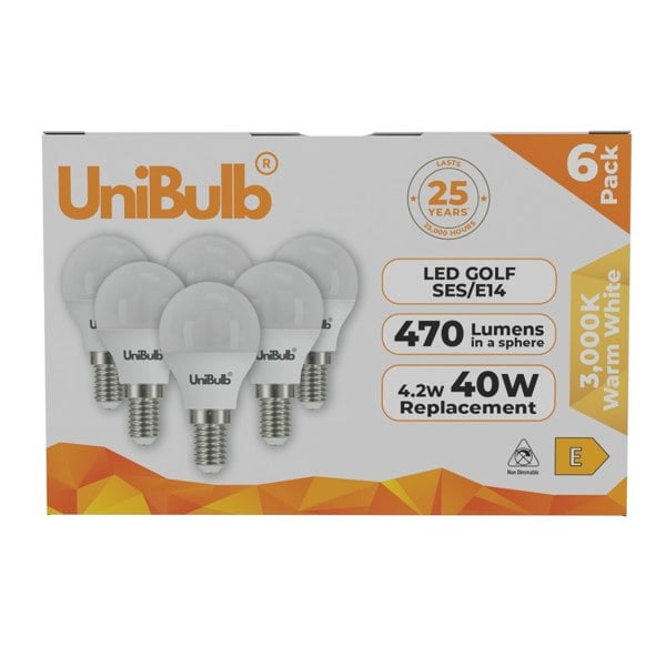 UniBulb LED Golf Ball E14 470lm 4.2W 3000K (Warm White) Light Bulb - Pack of 6 front
