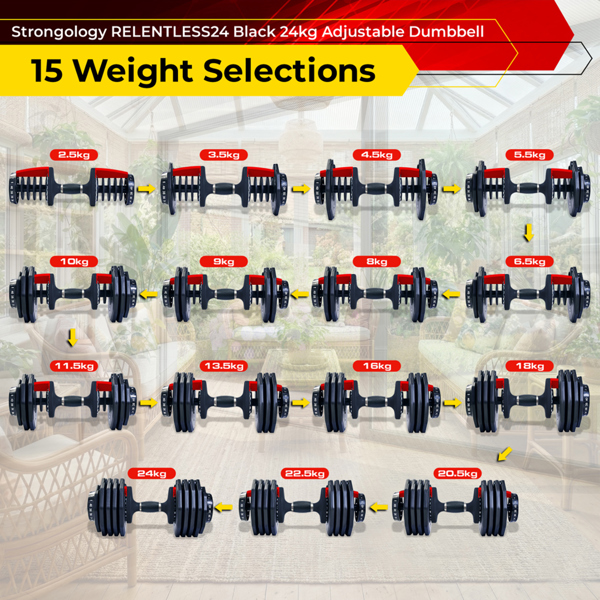 Strongology Relentless24 Home Fitness Single Adjustable Smart Dumbbell from 2.5kg up to 24kg Training Weights