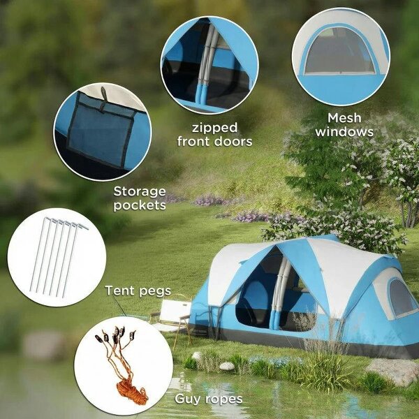 Camping Tent for 6 Man with 2000mm Water Resistant Rainfly and Carry Bag for Fishing Hiking Festival, Sky Blue