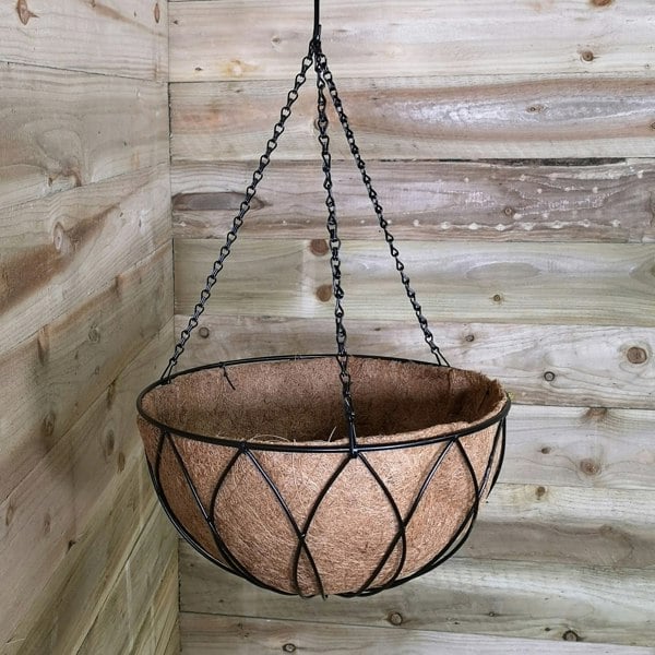 Samuel Alexander Black Lattice Metal Garden Patio Flower Wall Hanging Basket with WaterSave Coco Fibre Liner 35cm - Without Bracket