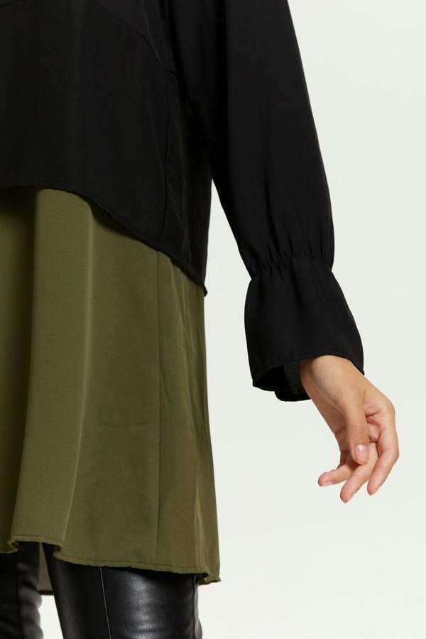 Hoxton Gal Oversized Satin Long Sleeves Colour Block Tunic Top in Black, Black and Khaki