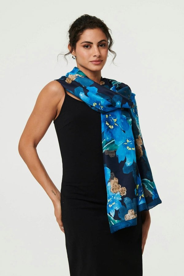 Blue | Floral Border Print Shawl Scarf
