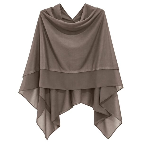 Love EMVY Wool Blend Poncho Shawl Wrap with Contrast Chiffon Border - Dark Grey