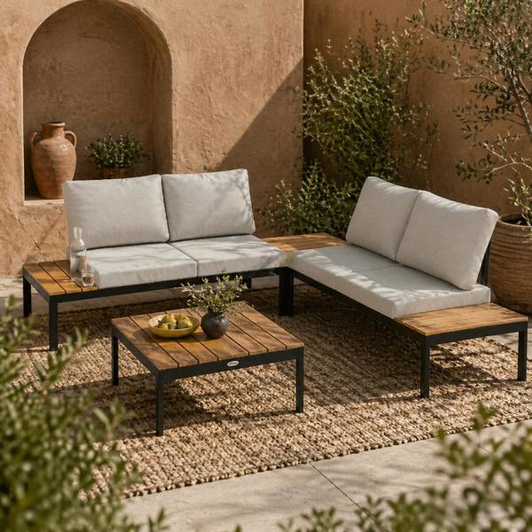 Wyld Haus Matuki Wood Teak 4 Seater Garden Corner Sofa Set With 2 Coffee Tables