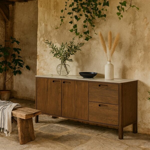 Wyld Haus Cork  Oak Veneer Sideboard with Cream Ceramic Top 2 Doors 2 Drawers