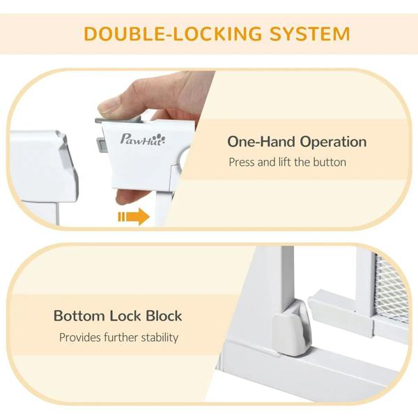 White pet safety gate latch with one-hand button press and bottom lock block