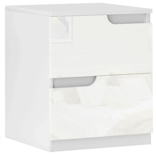 White high-gloss bedside table with two drawers and curved handle cutouts