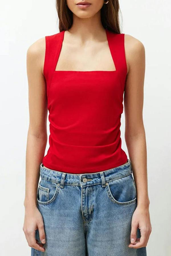 Hoxton Gal Plain Square-Neck Ruched Fitted Stretch Knit Blouse