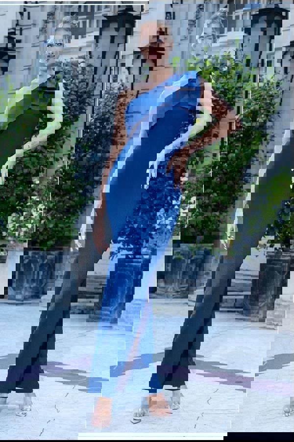 One Shoulder Satin Bow Scuba Crepe Maxi Dress - Navy DR4183