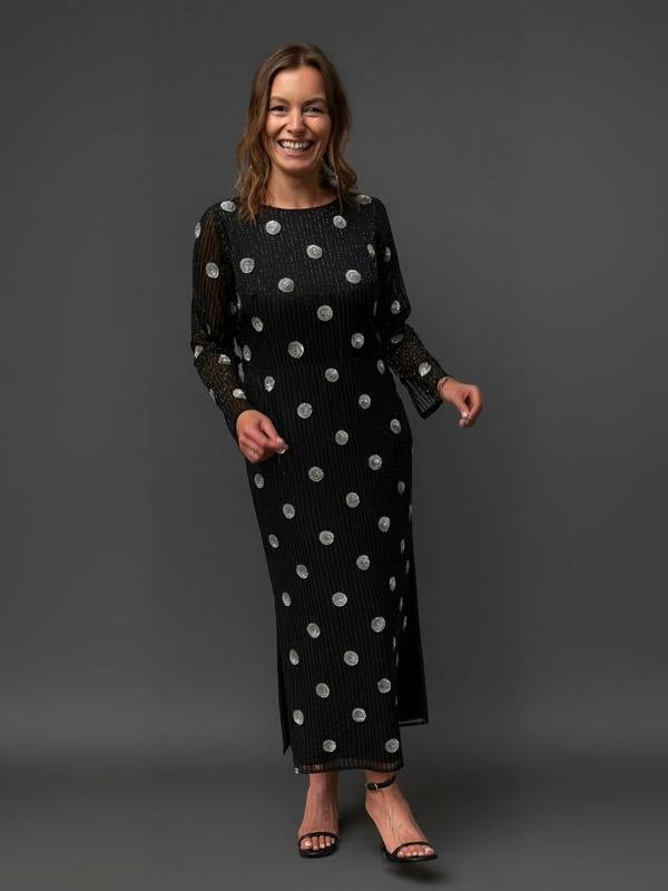 Rose & Nancy Merrin Black Polka Dot Hand Beaded Midi Dress