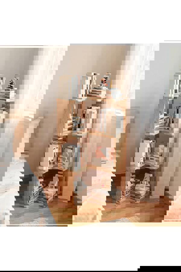 Living and Home 4-Tier L-shaped Corner Bookshelf Wooden Storage Rack Bookcase Holder Organizer