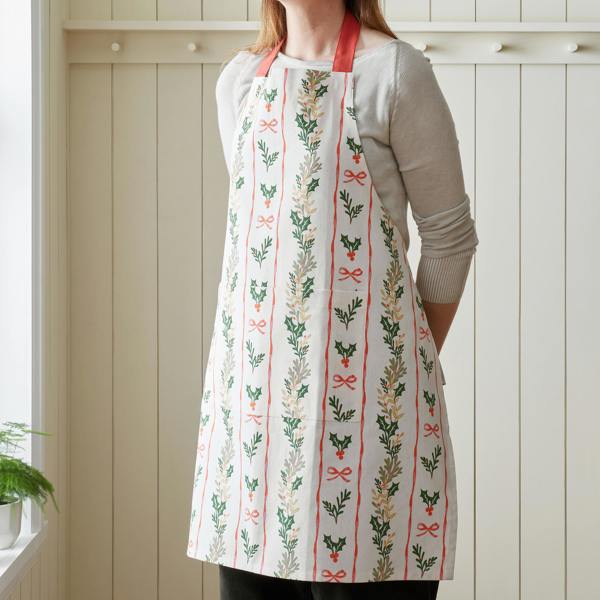 Catherine Lansfield Christmas Holly Stripe Cotton Kitchen Adult Apron Cream / Red