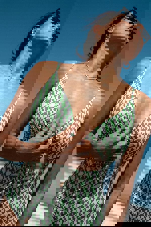 Gini London Green Wave Print Tie Front Swimsuit