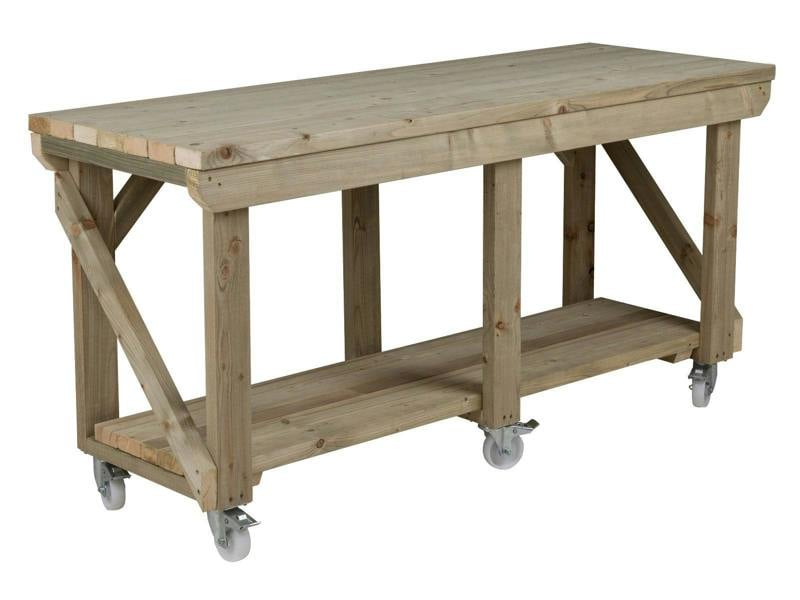 Indoor/Outdoor Pressure-Treated Single Shelf with wheels Workbench, a robust and versatile solution for all your workspace needs. Handcrafted in the UK, this workbench is constructed from high-quality, pressure-treated timber, ensuring durability and resistance to the elements, making it suitable for both indoor and outdoor use.