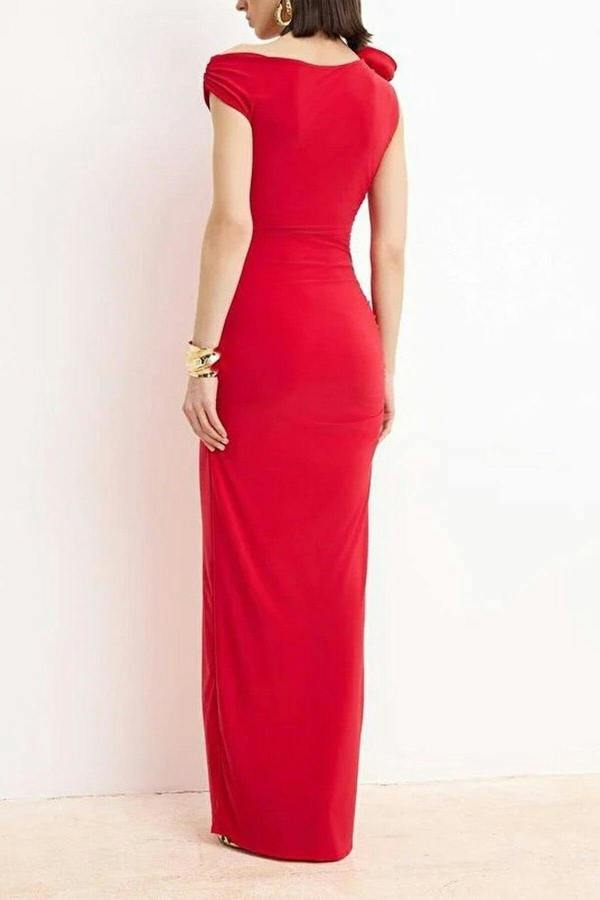 WOVCOR Plain One-Shoulder Knitted Maxi Dress with Applique Detail