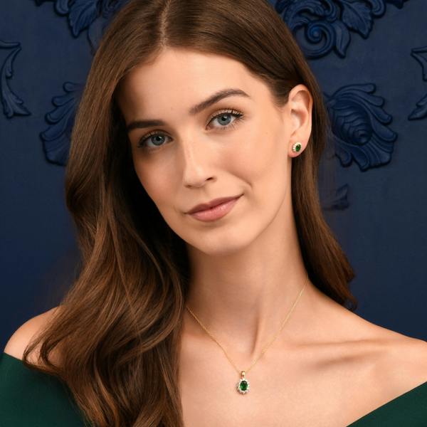 namana Gold Plated Sterling Silver Green Cubic Zirconia Oval Halo Pendant Necklace