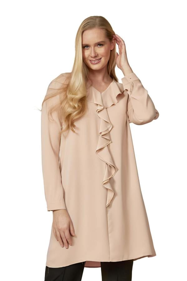 Hoxton Gal Relaxed Fit Tunic with Frill Details in Beige