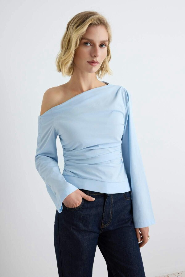 WOVCOR Asymmetric Neck Standard Sleeve Poplin Blouse