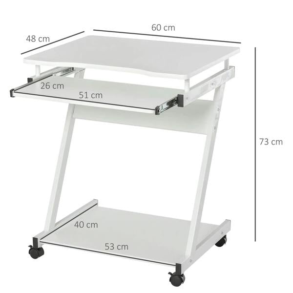 White z-shaped writing desk with sliding keyboard platform and two-tier storage