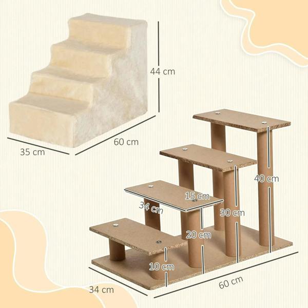 Beige four-step dog stairs with removable plush cover dimensions shown on the layout