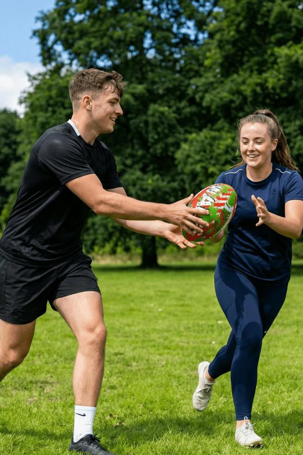 Two smiling players passing a red, green and white Optimum Wales rugby ball in a park - Optimum