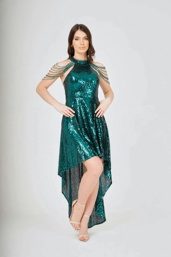 LuvForever Emerald Jewel Shoulder Hi-Lo Sequin Dress