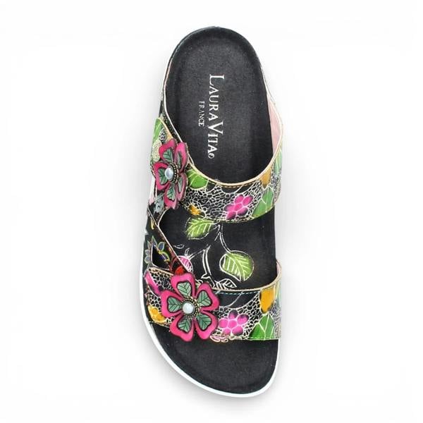 Laura Vita Brcyano 32 - Women's Black Floral Leather Strappy Slipper