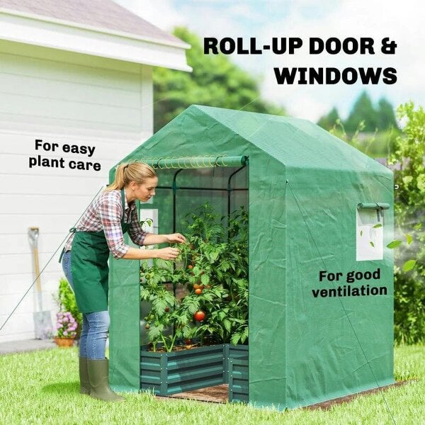 Bobobiy Small Greenhouse with Raised Garden Bed, Galvanised Walk-in Greenhouse with Roll Up Windows, 141 x 141 x 190 cm, Green