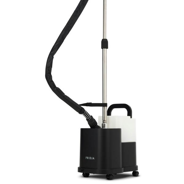 The Fridja f1600 Commercial Clothes Steamer features a black and white design, flexible hose, retractable pole, wheeled water tank, and the Fridja logo on the front—ideal for professional garment care in any setting.
