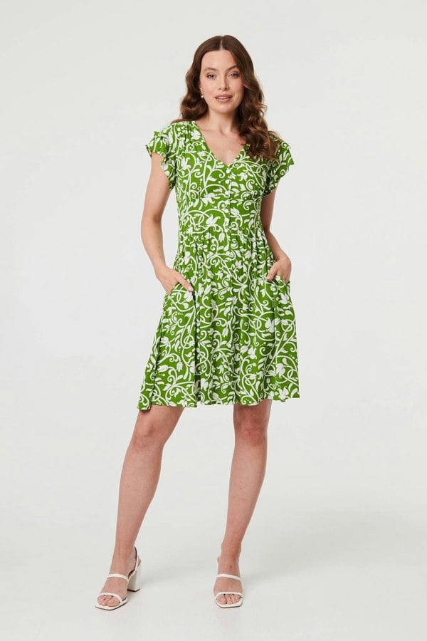 Green | Printed Cap Sleeve Short Skater Dress
