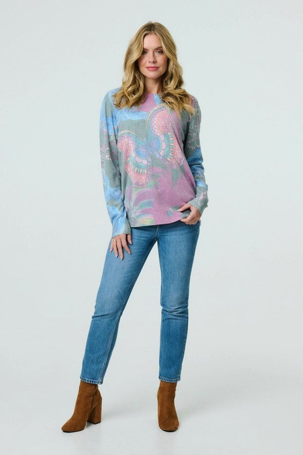 Blue | Abstract Print Stud Detail Knit Top
